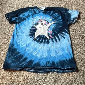 Gildan, personalized dabbing unicorn. Shirt in shape, pattern is worn down.